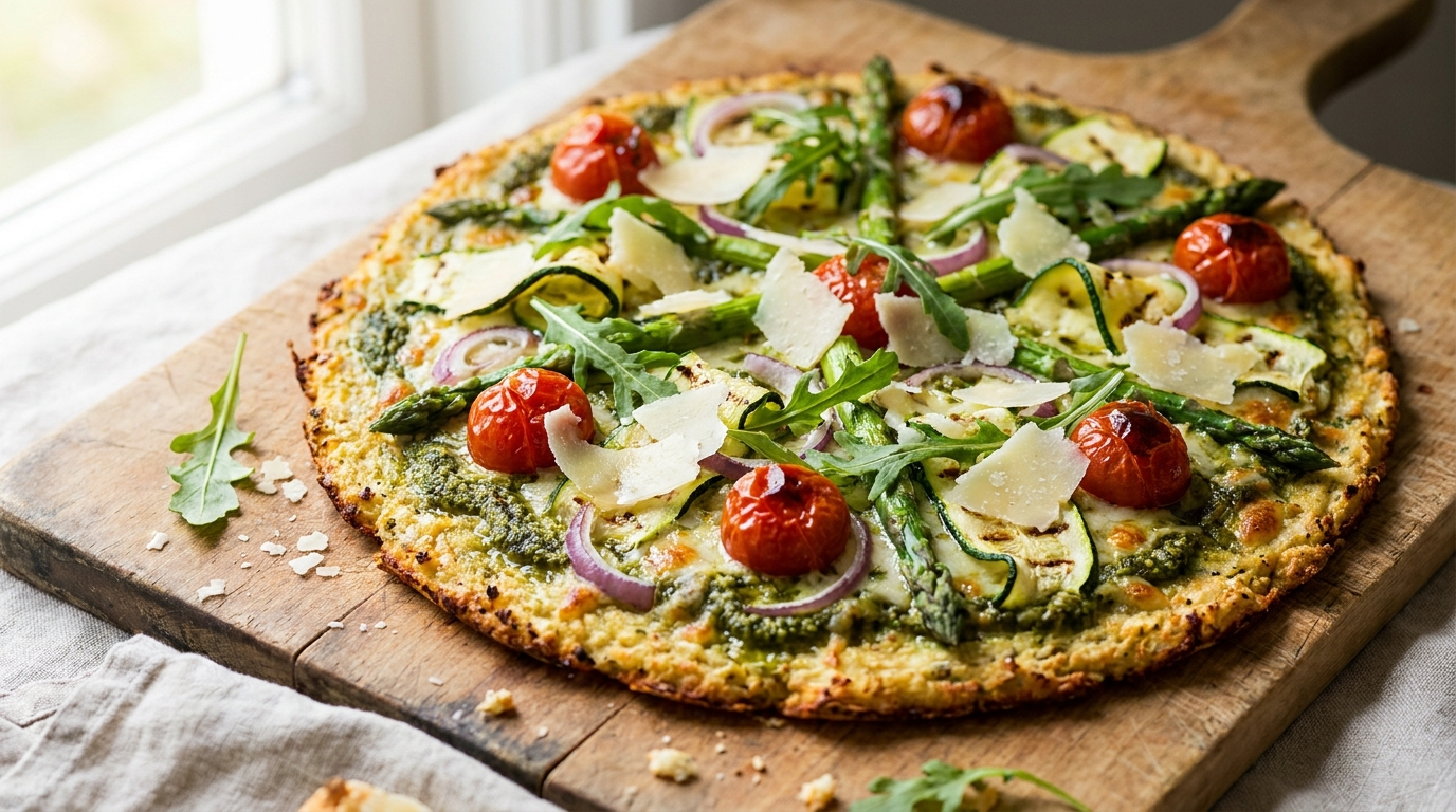 Bloemkoolpizza met pesto, groene asperges, courgette en rucola