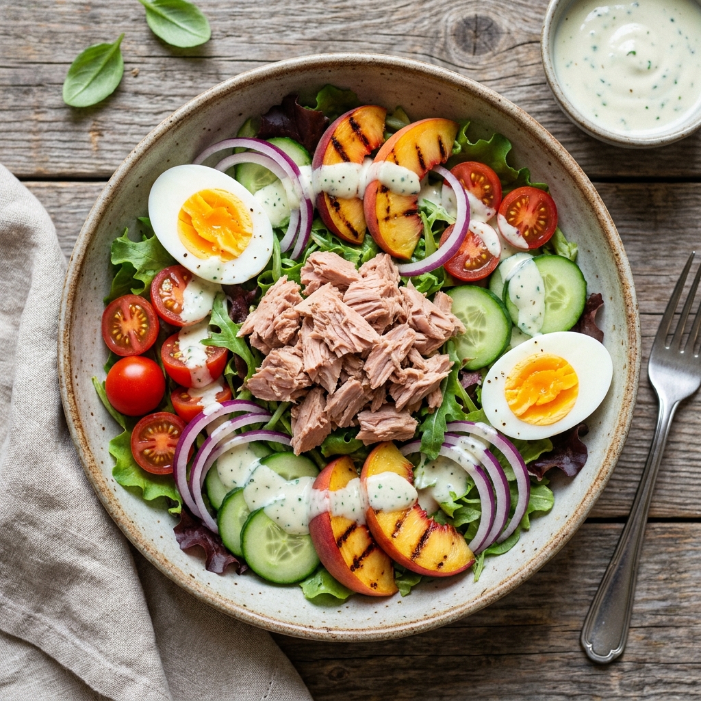 Salade met tonijn, perzik, gekookt ei en knapperige sla