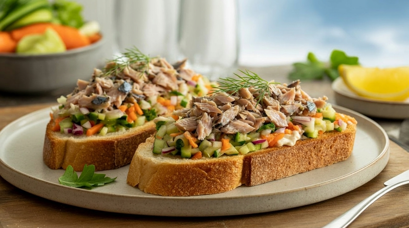 Makreelsalade op zuurdesembrood met spicy mayonaise
