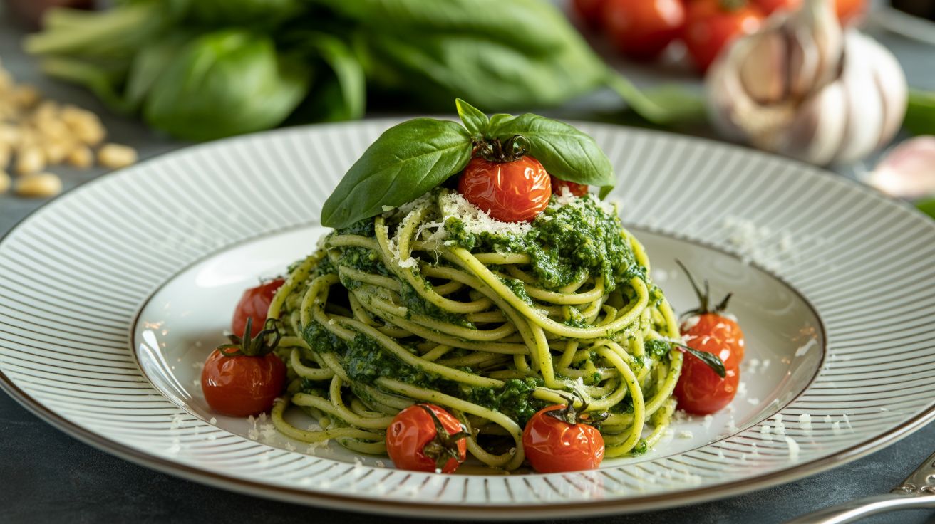Linguine met Zelfgemaakte Spinaziepesto, Geroosterde Kerstomaten en Pecorino