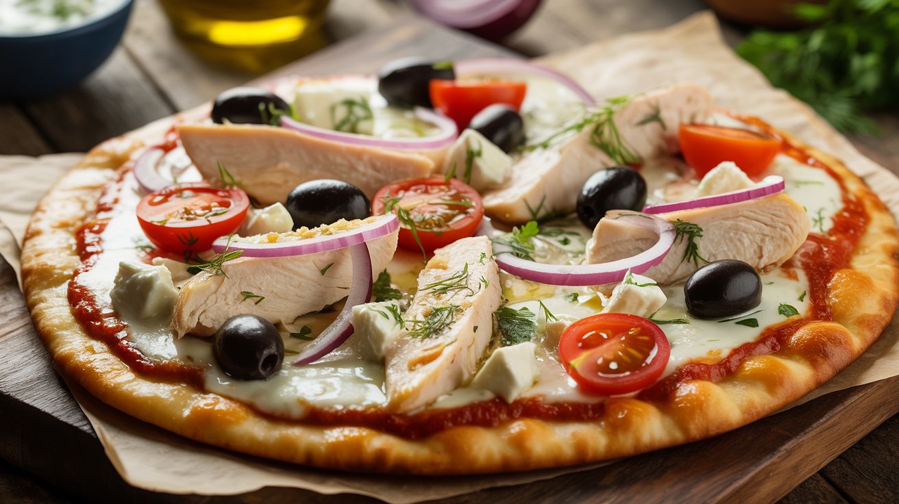 Mediterrane Tzatziki Kip Naan Pizza