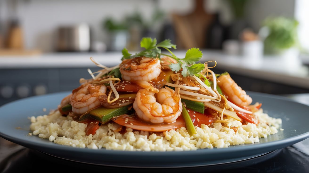 Wok met witloof, sojascheuten, scampi, zoetzure saus & bloemkoolrijst
