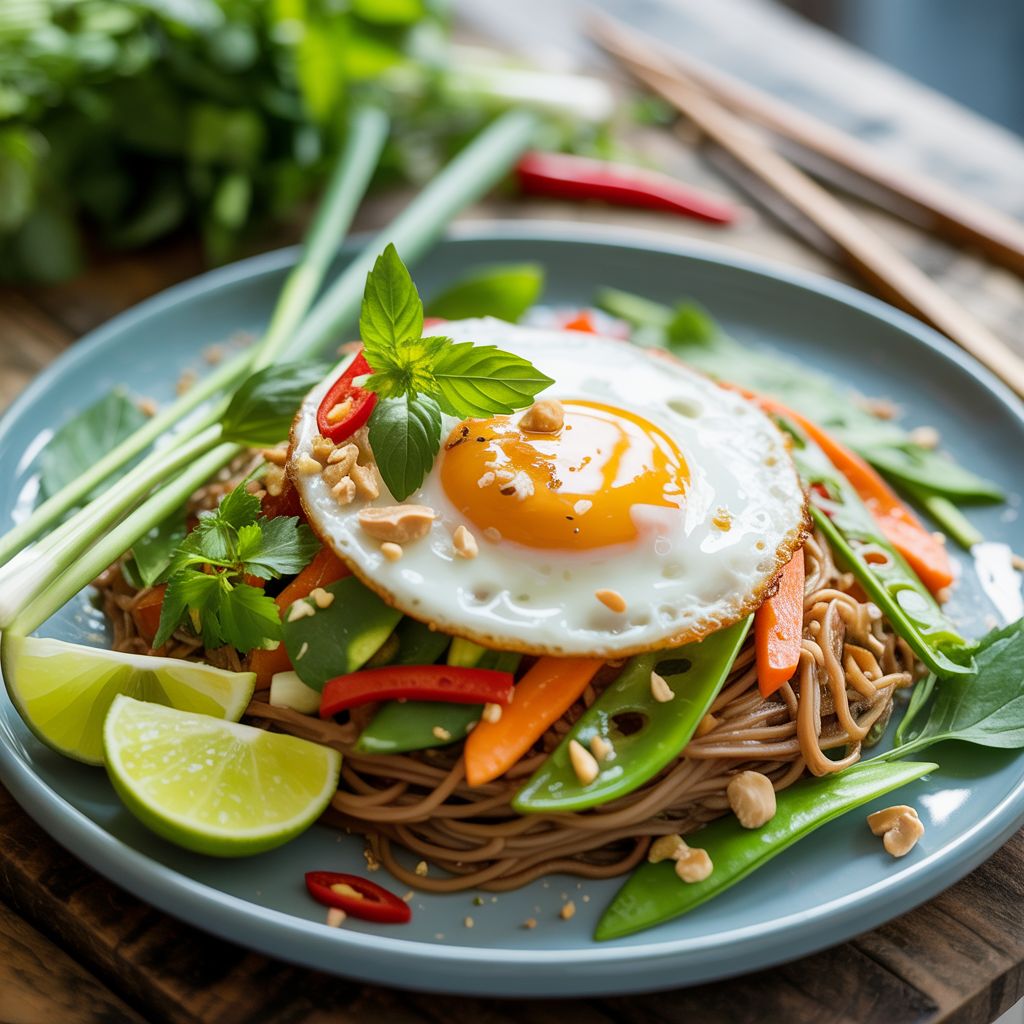 Verrukkelijke Gembernoedels met Spiegelei, Pinda’s, Thaise Groentemix en Verse Kruiden