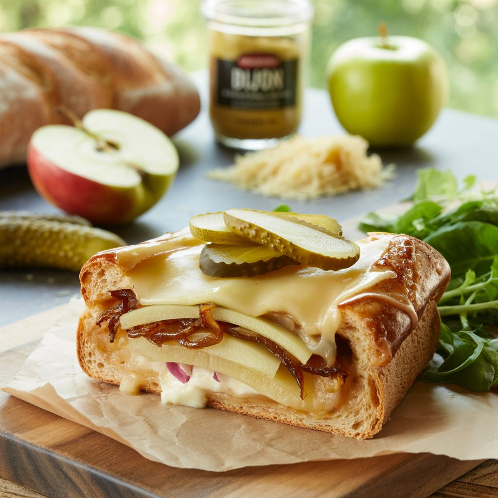 Recept: Croque met Appel, Gekarameliseerde Ui, Gruyère & Augurkjes (voor 2 personen)