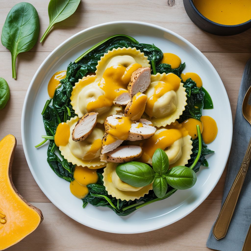 Ravioli met butternutcoulis, spinazie en kipfilet