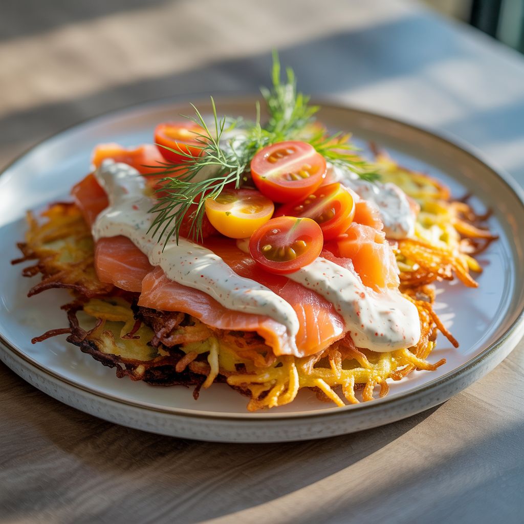Simpele Ovenrösti’s met Gerookte Zalm, Yoghurt-Harissa Dressing, Kerstomaatjes & Dille