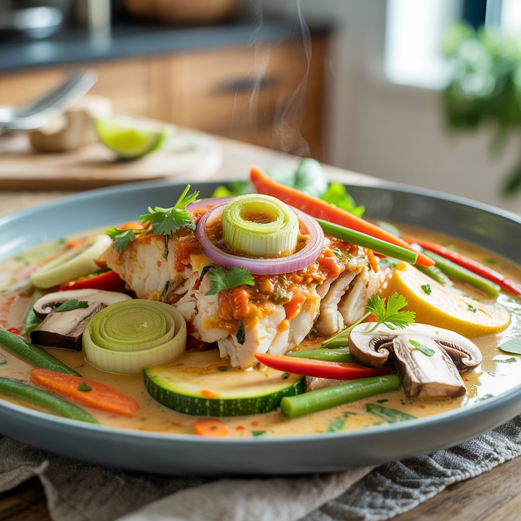 Pittige kabeljauw met prei, ui, courgette, paprika & kokosmelk