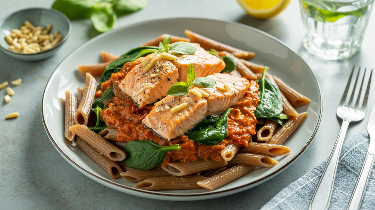 Volkorenpasta met zalm & spinazie met fluweelzachte paprika-tomatensaus