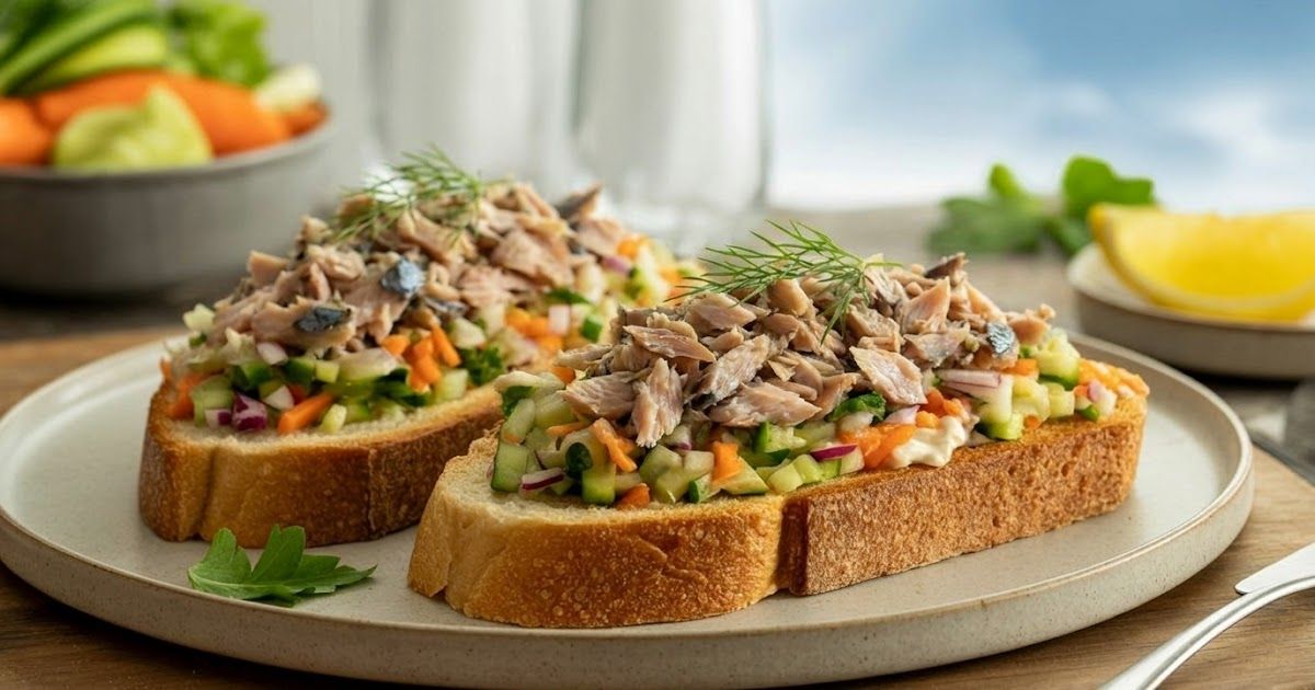 Makreelsalade op zuurdesembrood met spicy mayonaise