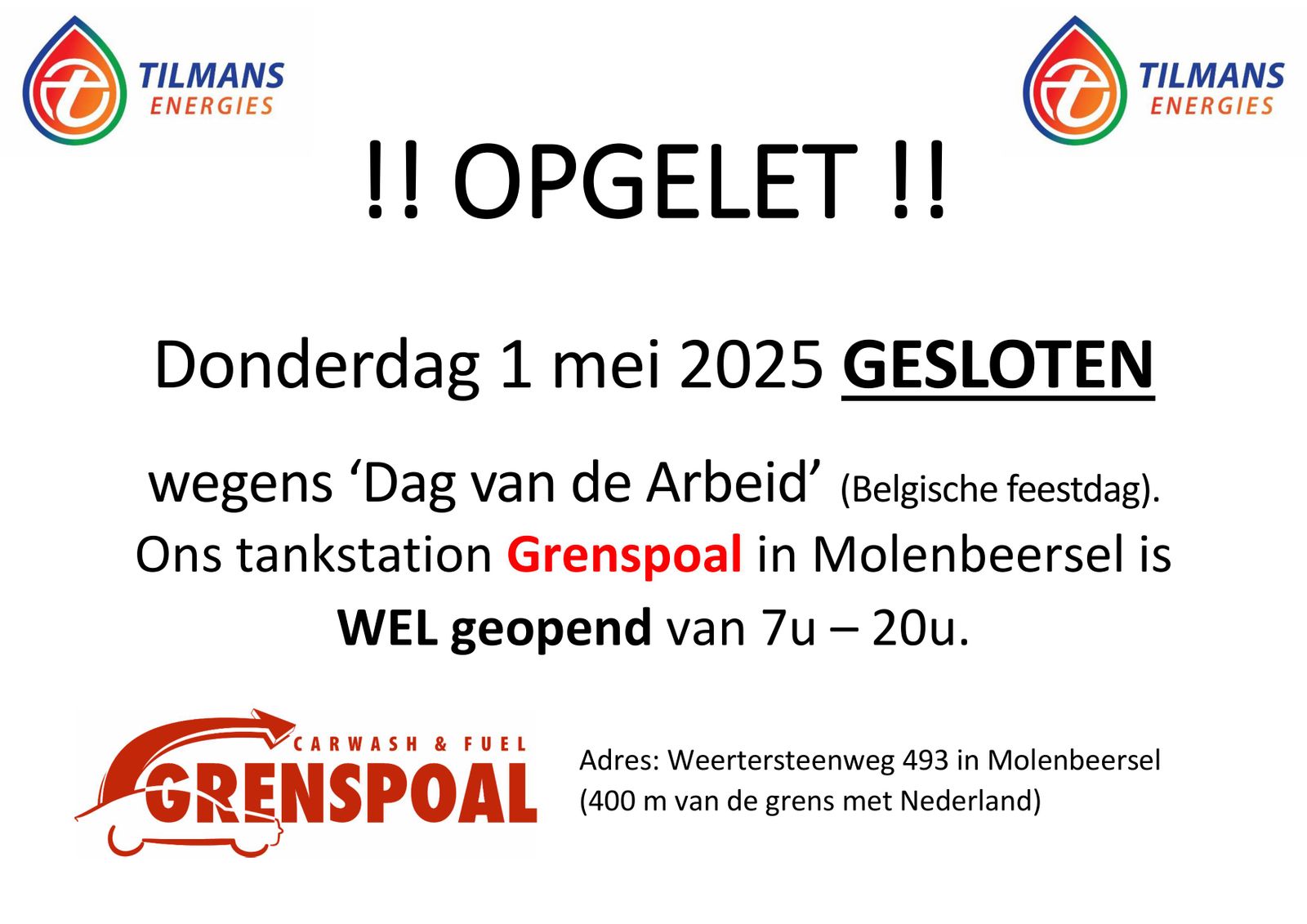 Opgelet! Tilmans Energies is gesloten op 1 mei