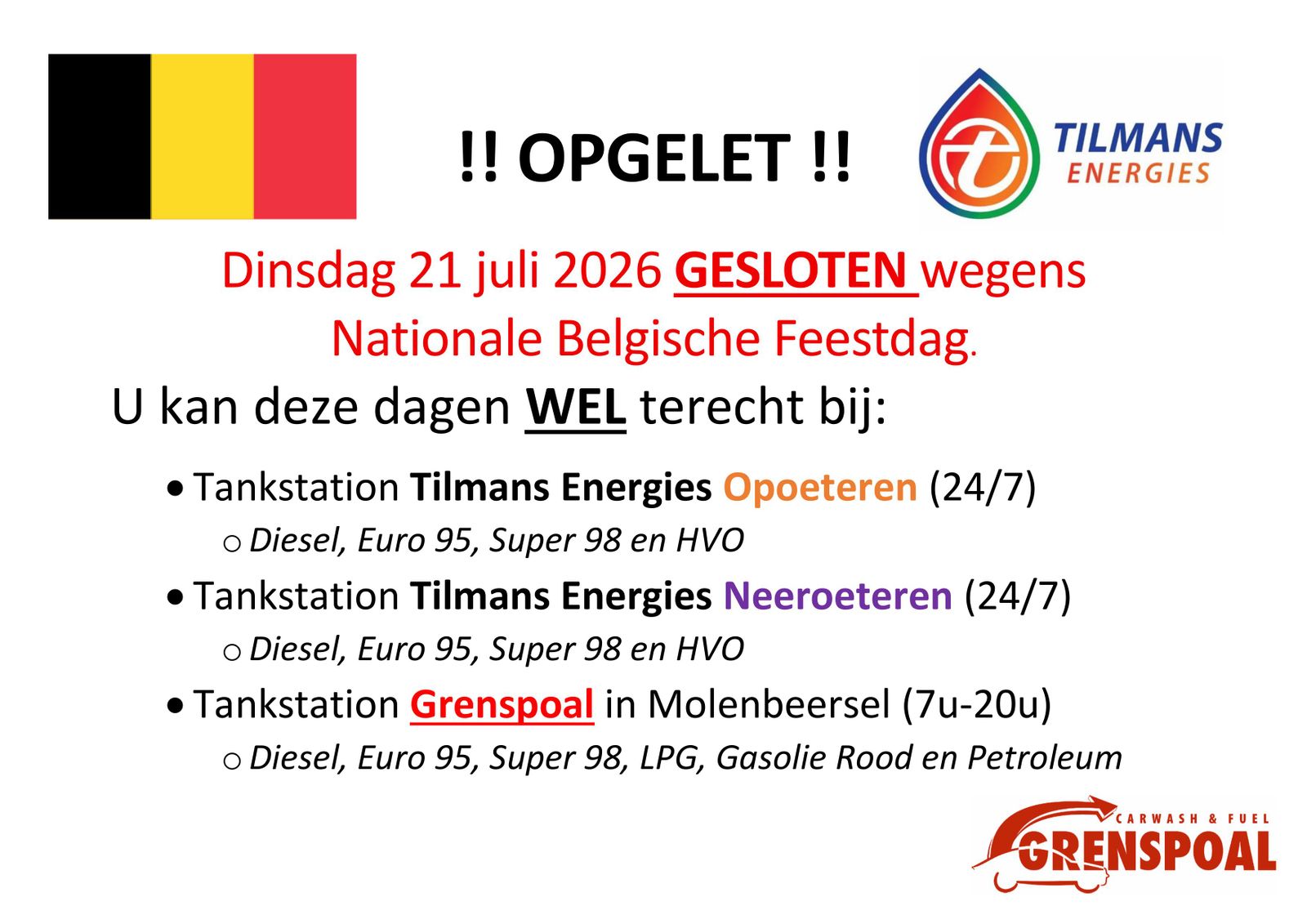 Opgelet! Wij zijn gesloten op dinsdag 21 juli!