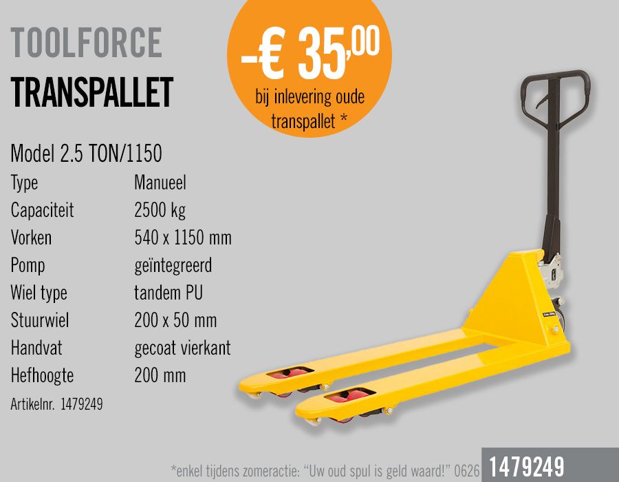 Toolforce Transpallet 2500kg capaciteit met 1150mm vorklengte