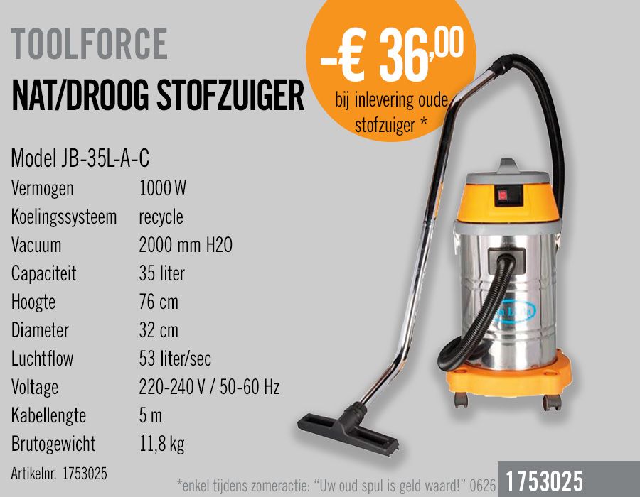 Toolforce JB-35L-A-C nat/droog stofzuiger met capaciteit van 35L