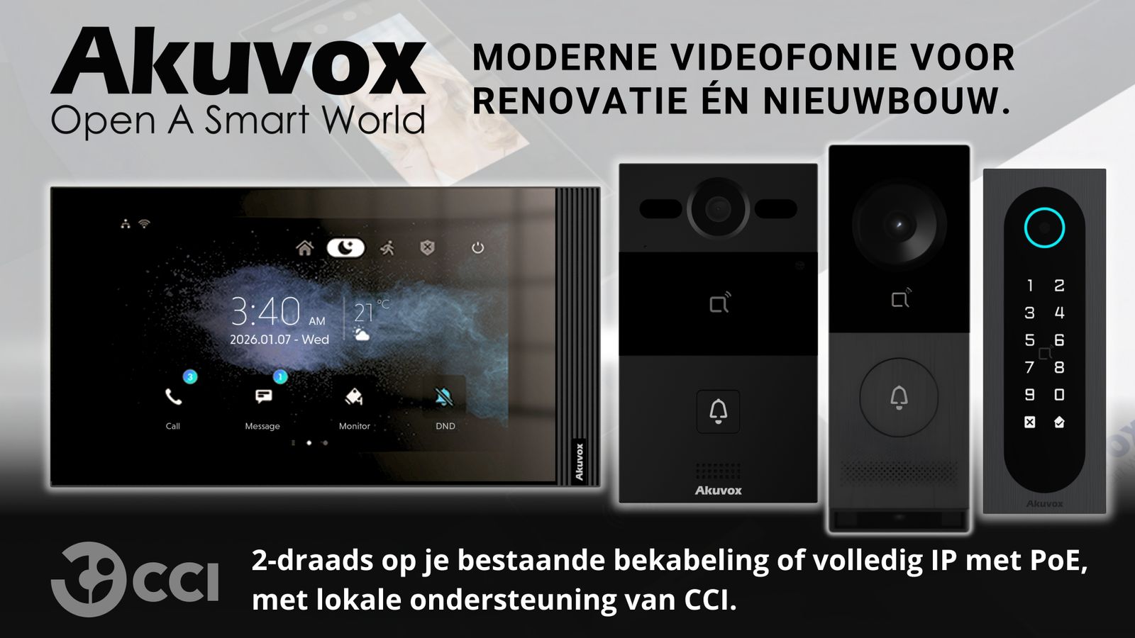 Akuvox-videofonie via CCI: VOXKIT2W voor renovatie, VOXKITIP voor nieuwbouw