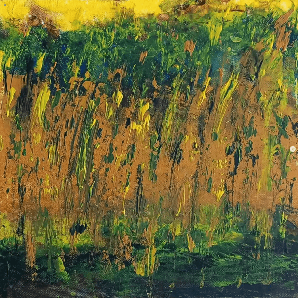 Eén van haar werken; dit werk toont een levendig en abstract landschap dat speelt met kleur, textuur en gelaagdheid.