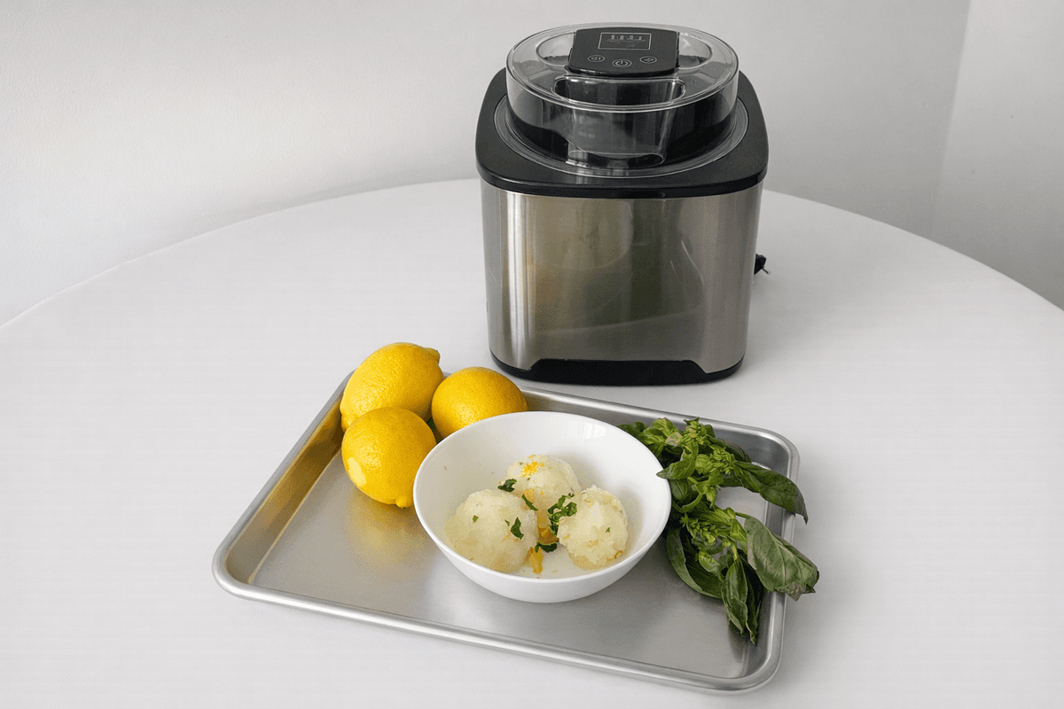 Citroensorbet met basilicum & gekonfijte citroen