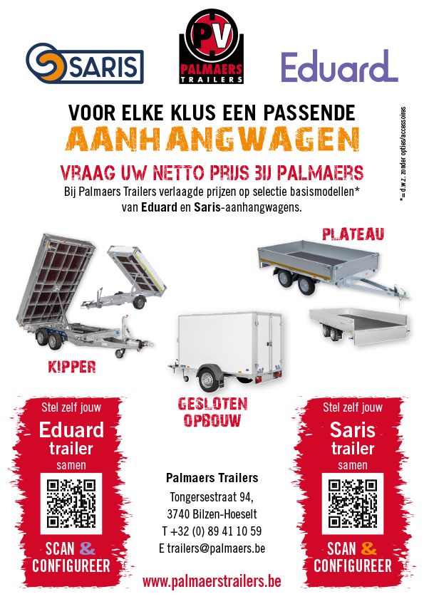 Configureer uw eigen aanhangwagen van Eduard of Saris en vraag uw netto prijs bij Palmaers Trailers