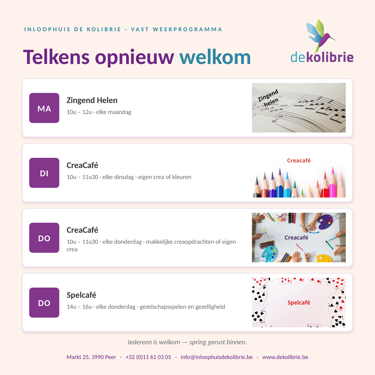 Onze vaste activiteiten draaien in september weer op volle toeren. Op maandagvoormiddag is er Zingend Helen, op dinsdag- en donderdagvoormiddag kun je terecht in het CreaCafé om te knutselen, kleuren of aan je eigen creaproject te werken, en op donderdagnamiddag zorgt het Spelcafé voor gezelschapsspelen en gezelligheid. Daarvoor hoef je niets te kunnen en niets te plannen: gewoon binnenspringen wanneer het jou past.