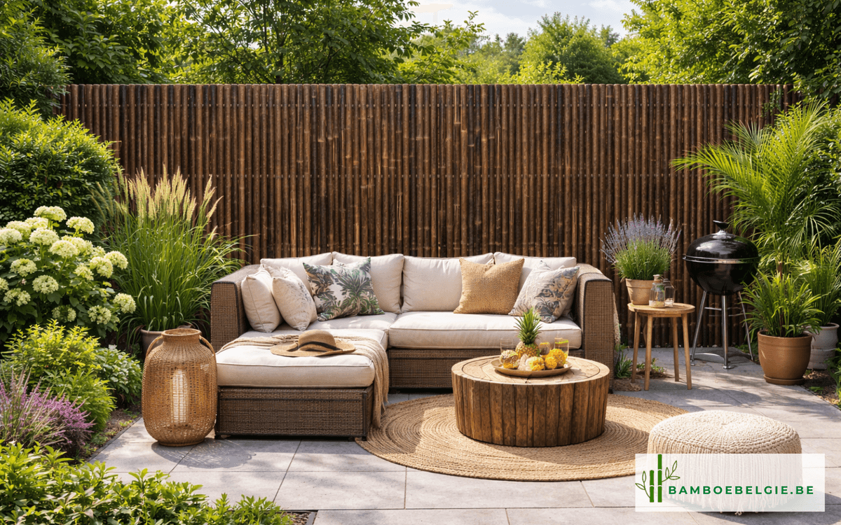 Terrasomheining met zwarte bamboeschermen