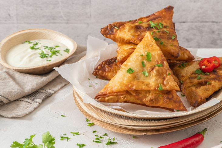 Samosa’s met kippengehakt en yoghurtdip