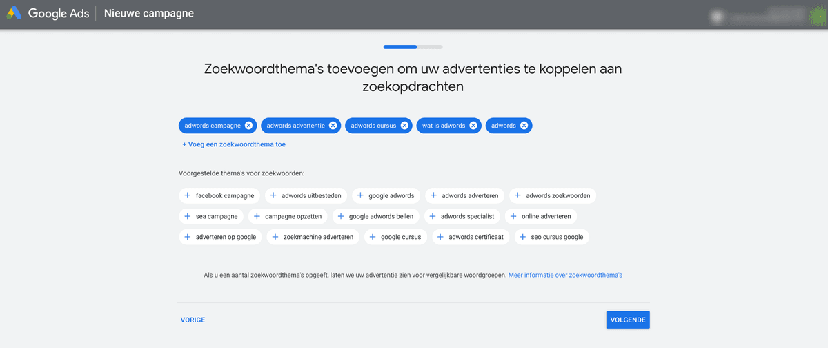 In deze stap van de wizzard selecteer je de zoekwoordthema’s die bepalen wanneer precies je advertenties verschijnen.