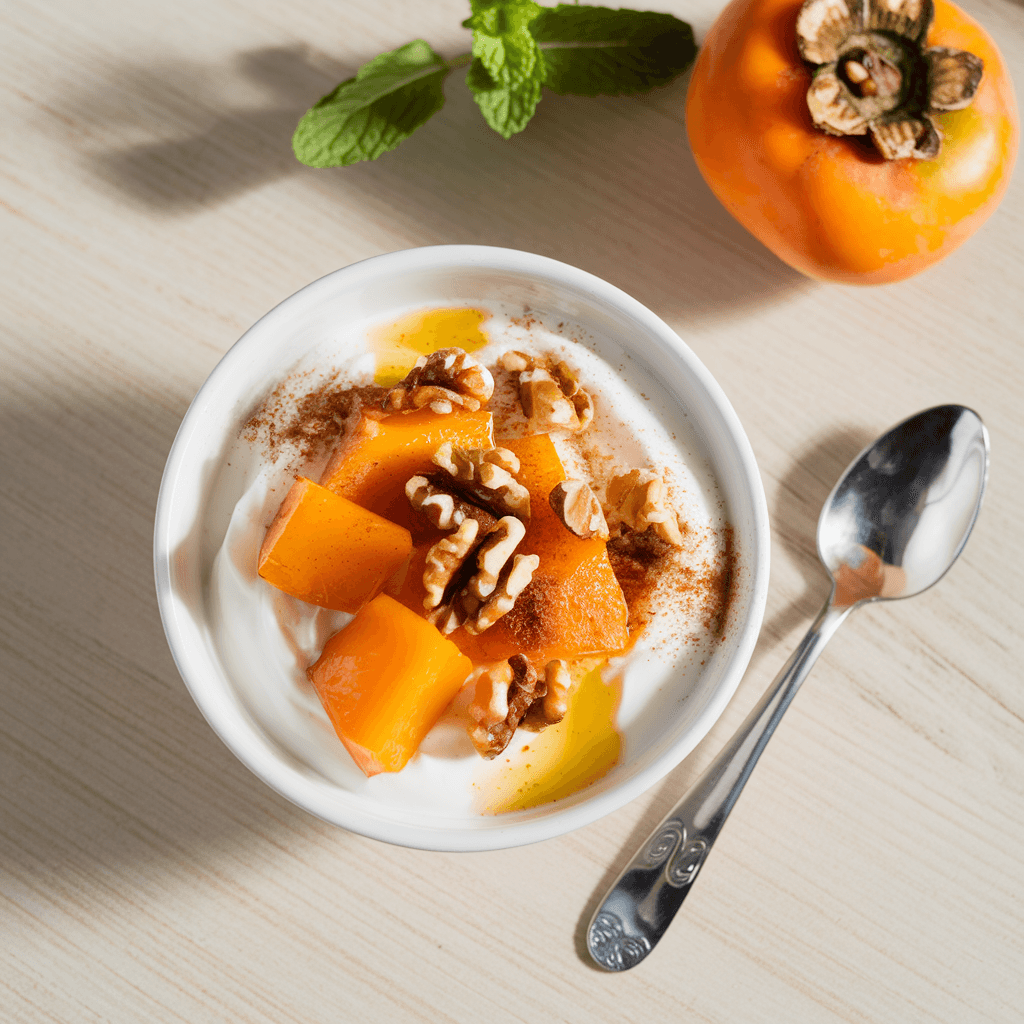 Gezond tussendoortje: Kaki-yoghurtkom met noten, honing én Male Plus of Femme Plus