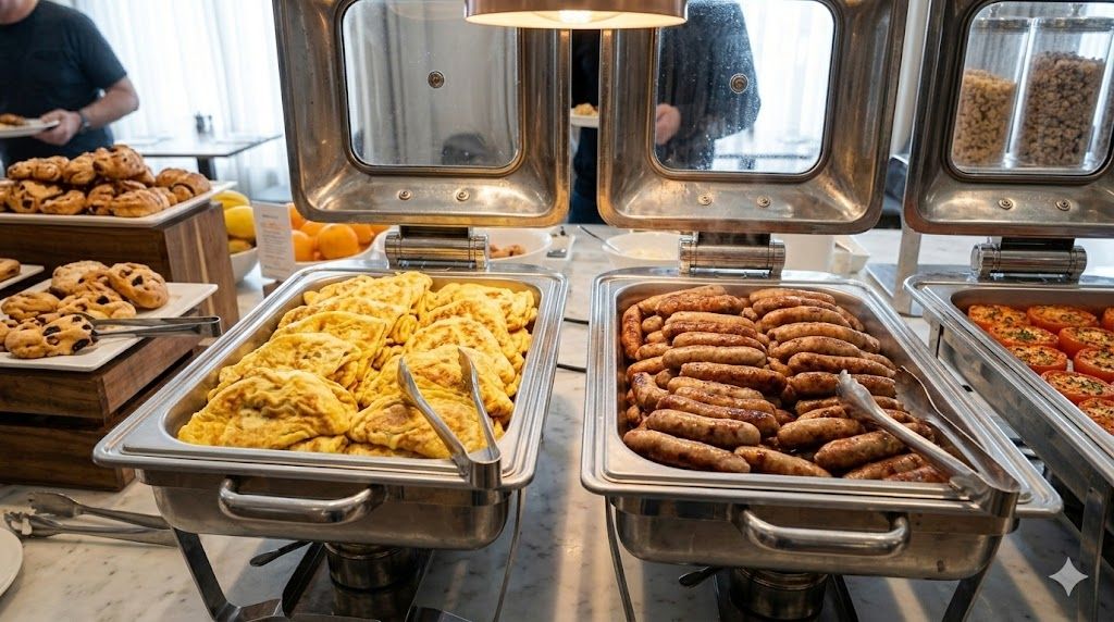 Brunchbuffet met gegrillde ontbijtworstjes en koelverse omeletten