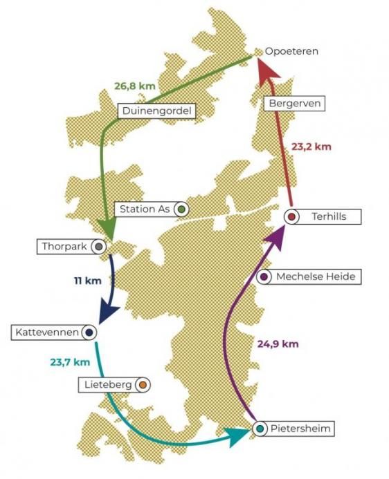 Overzichtelijk plannetje van de vijf etappes van de 110 km tellende National Park Trail. De Volmolen ligt pal tussen de rode en de groene route.