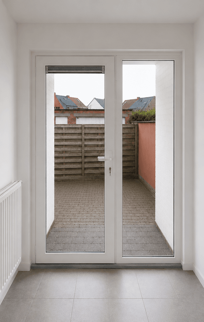 glazen salontafel in grijze woonkamer