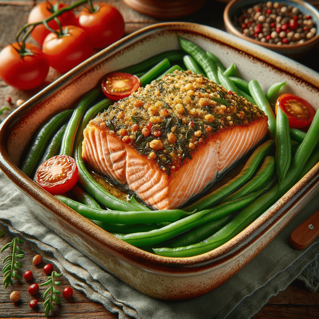 Zalm met kruidenkorst, tomaatjes en groene boontjes in de oven